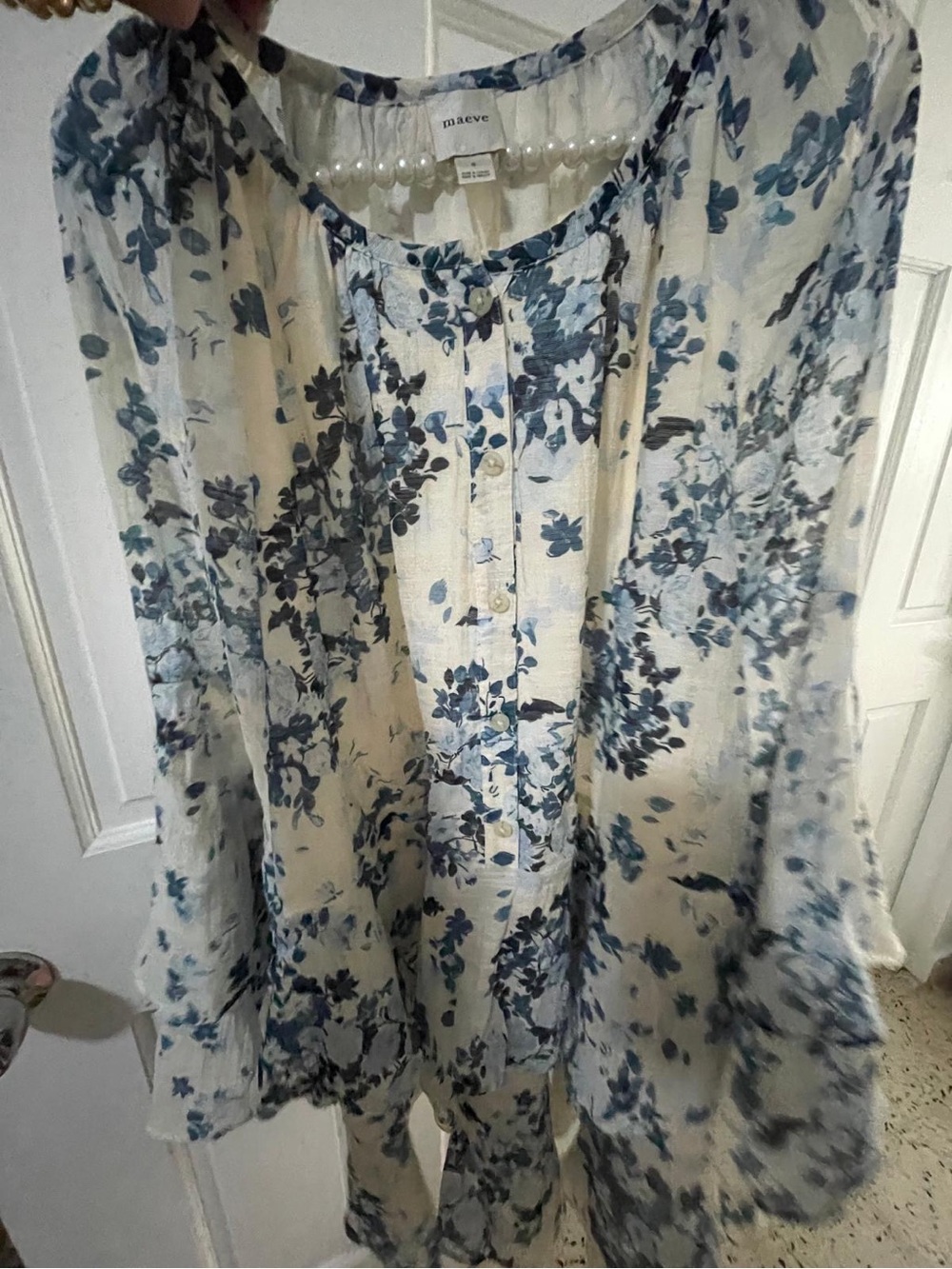Maeve White Floral Blue-Print Long Sleeve Mini Dress - Picture 4 of 4